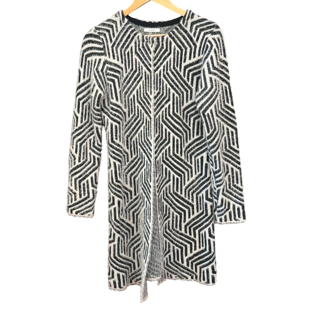 Sioni Geometric Eyelash Knit Cardigan Mod Monochrome Optical Art Layering Piece